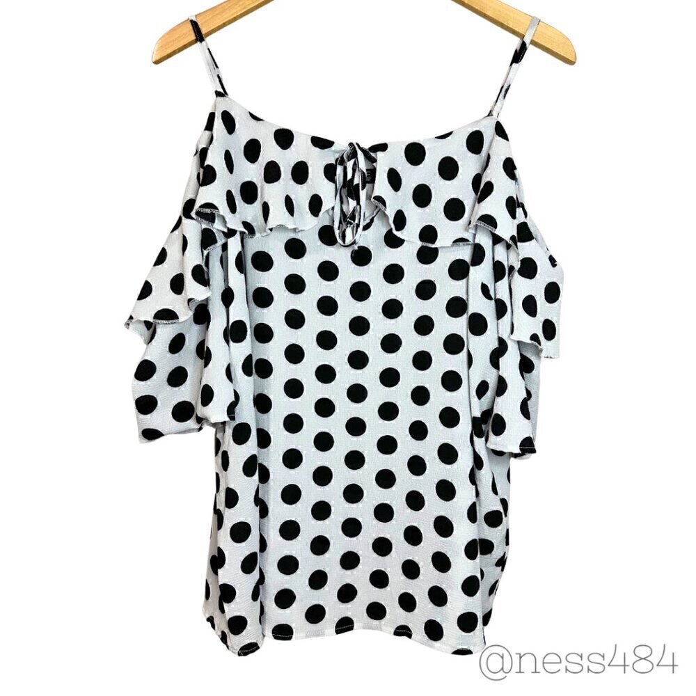 ROUGE COLLECTION Polka‎ Dot Cold Shoulder Ruffle Tie Neck Blouse Top 3X